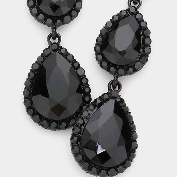 Black Dangle Crystal Earrings 2.7 Inch Triple Teardrop Stone Drop Down Jewelry - Picture 2 of 2